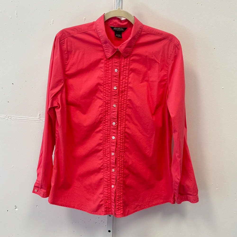 Eddie Bauer Coral Pink Pleated Front Long Sleeve Button Down Shirt Lightweight